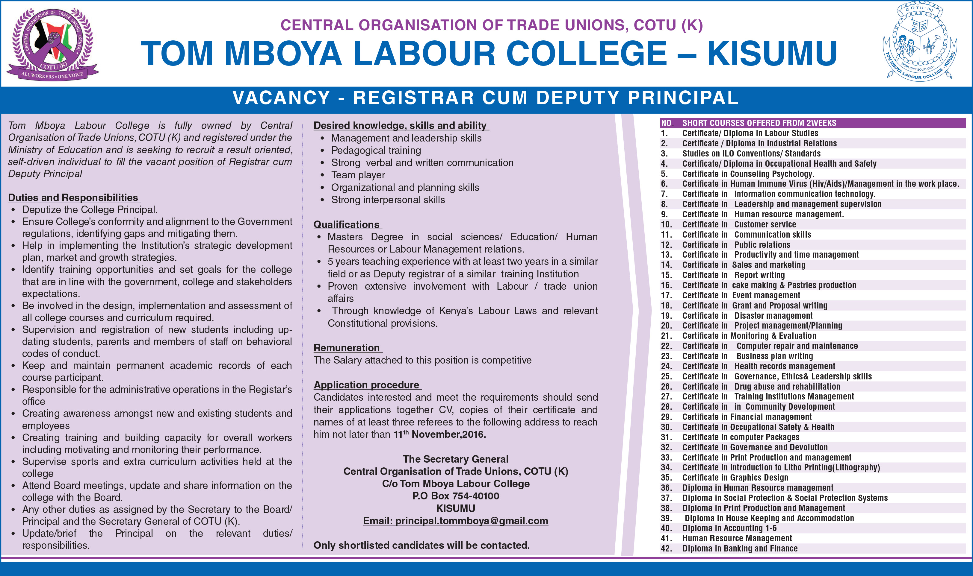 Vacancy Registrar cum Deputy Principal Tom Mboya Labour College – Kisumu