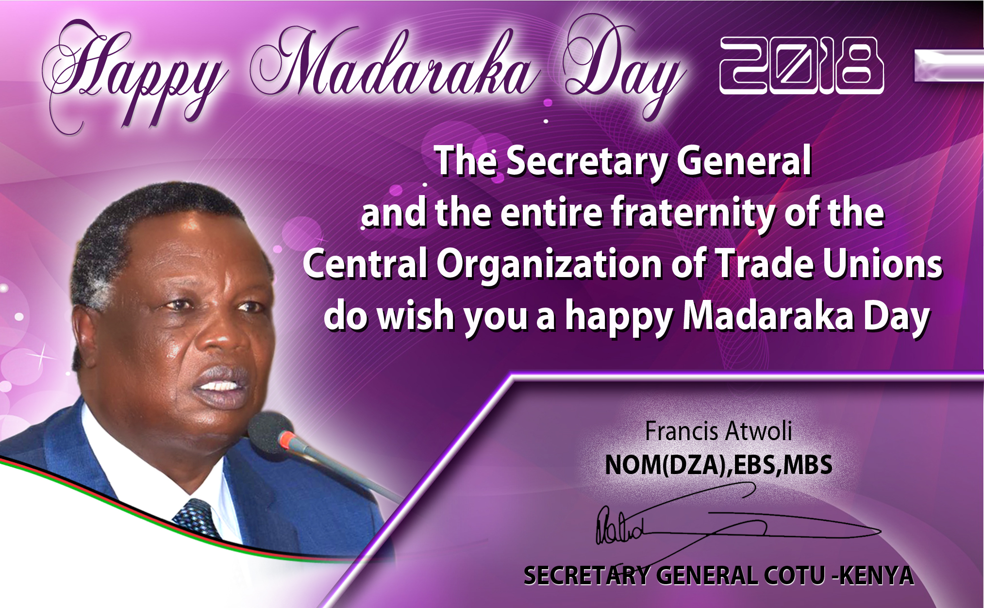 COTU Madaraka day msg Central Organization of Trade Unions (COTUK)