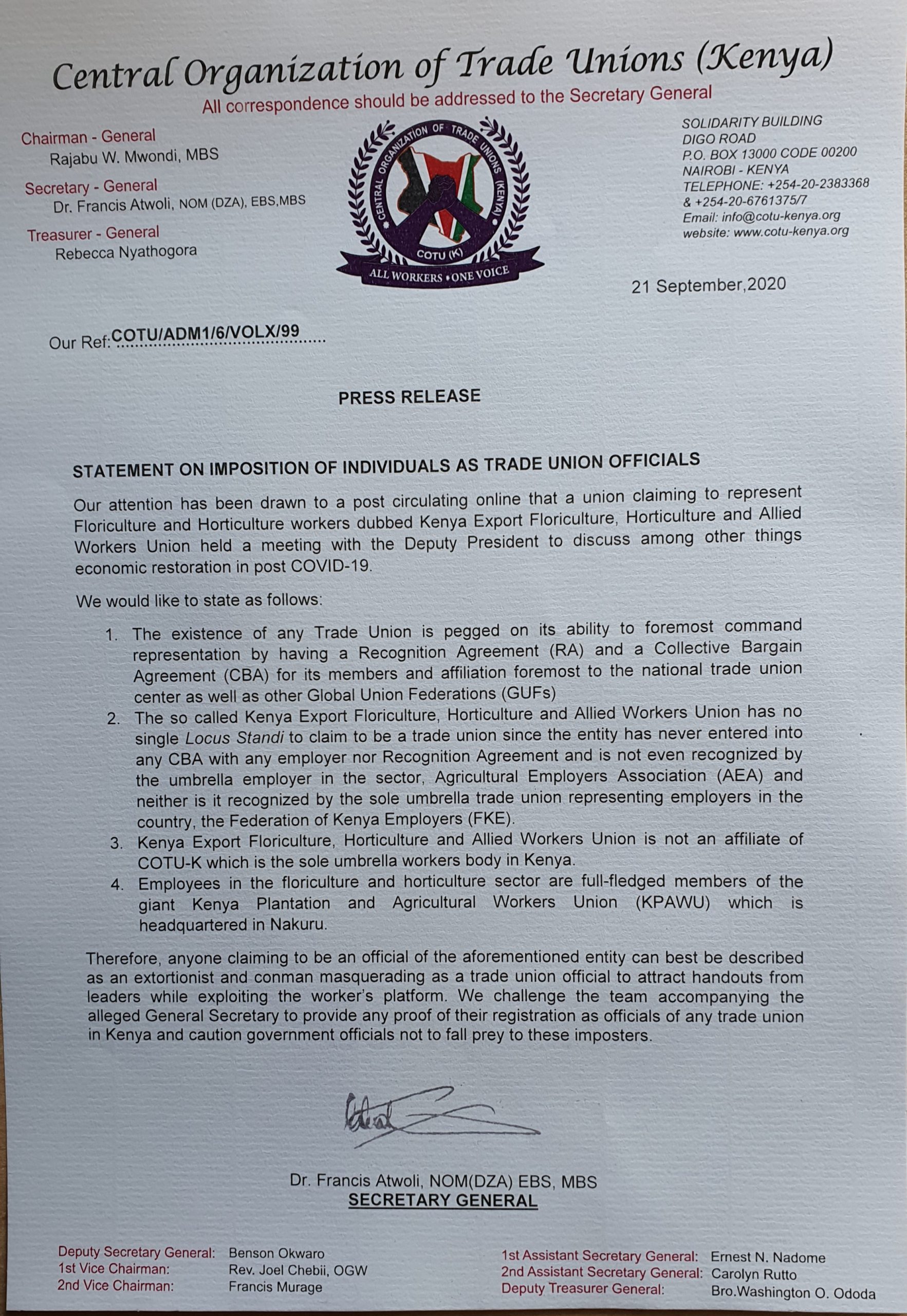 STATEMENT ON IMPOSITION OF INDIVIDUALS AS TRADE UNION OFFICIALS