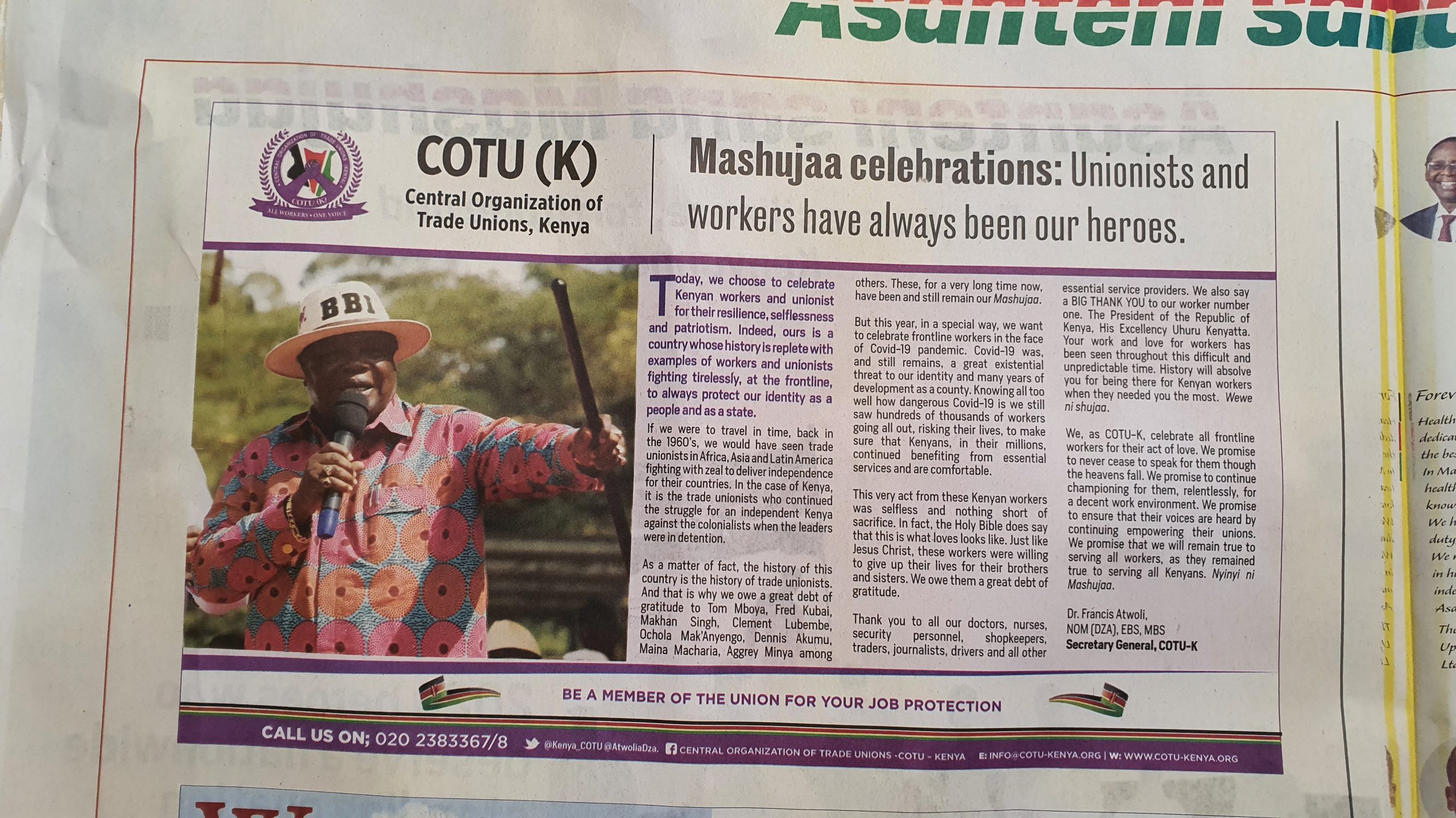 Message from SG on Mashujaa Day: Unionists and workers have always been our heroes.