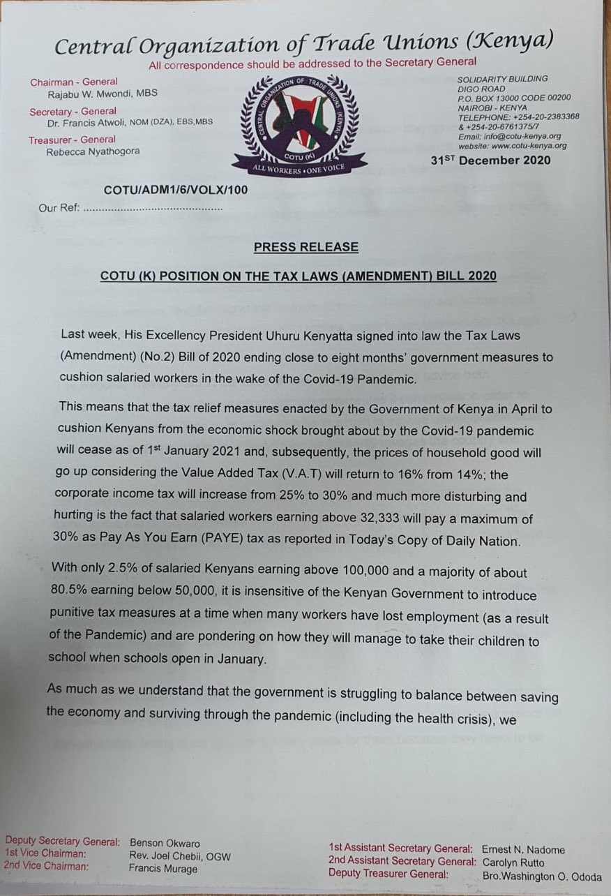 COTU (K) POSITION ON THE TAX LAWS (AMENDMENT) BILL 2020
