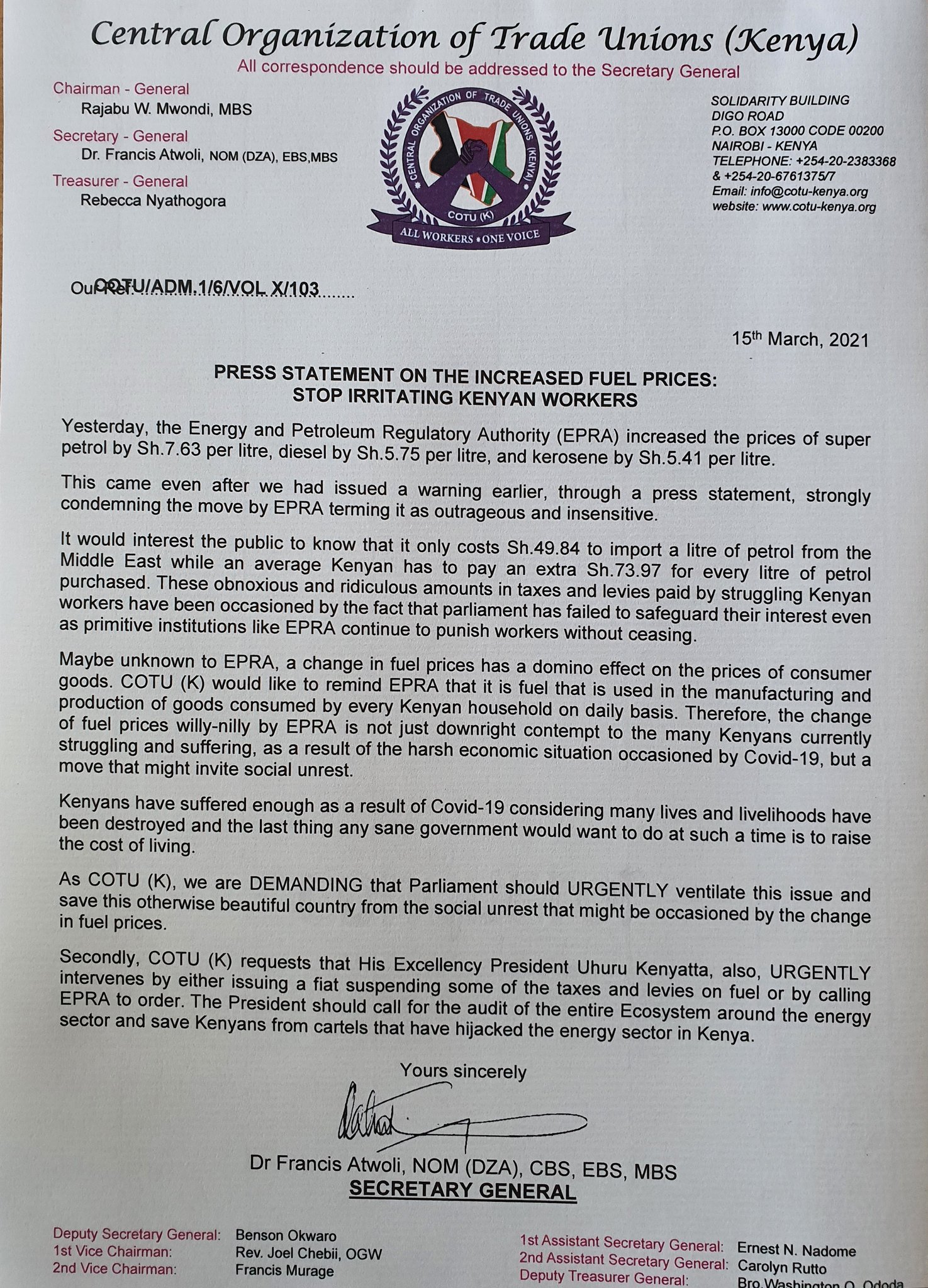 Press Statement on the increased Fuel Prices: Stop irritating Kenyan workers