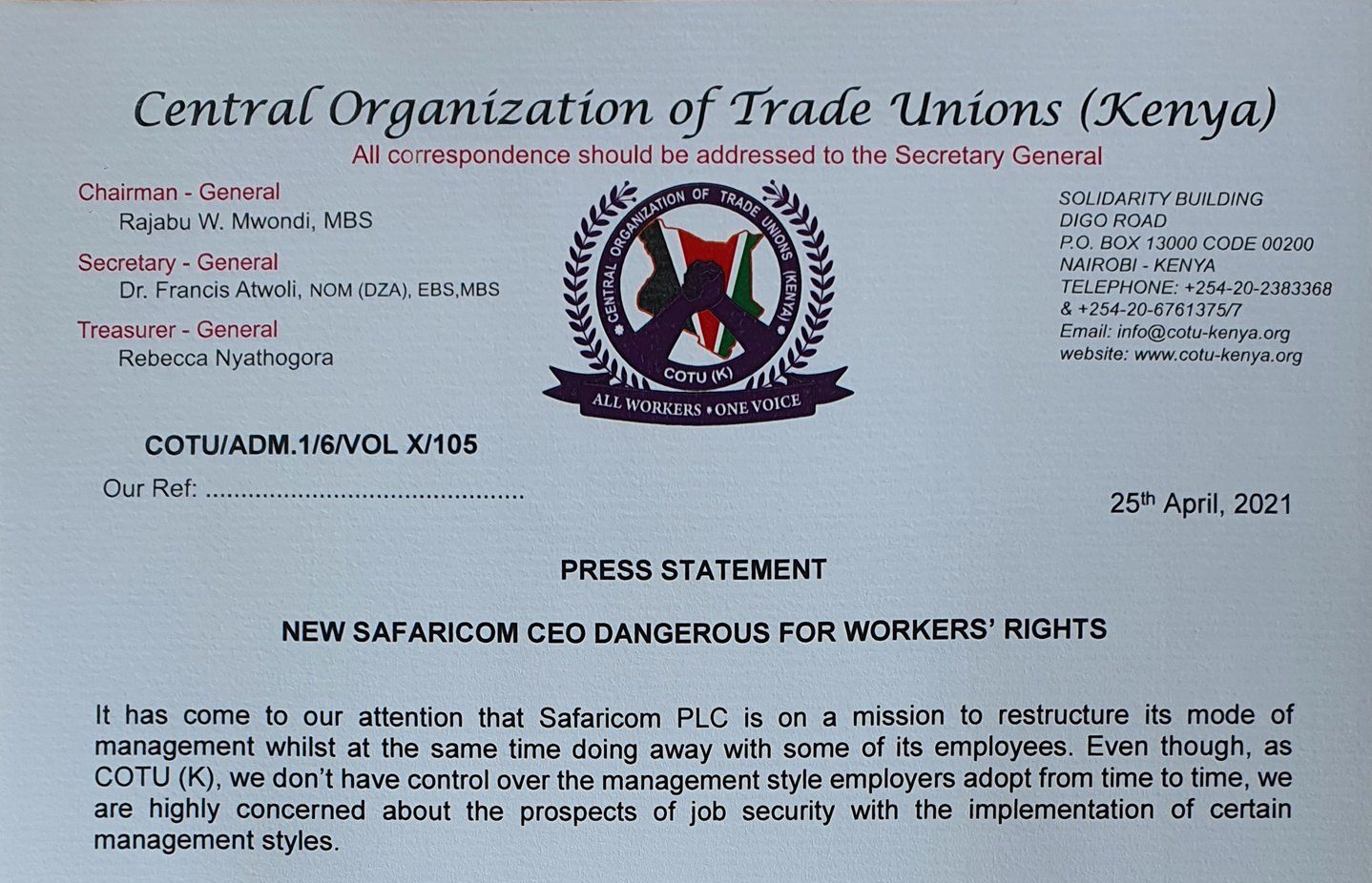 New Safaricom CEO Dangerous for Workers’ Rights
