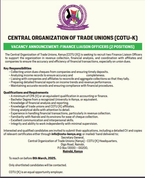 JOB OPPORTUNITY: FINANCE LIAISON OFFICERS (2 POSITIONS)